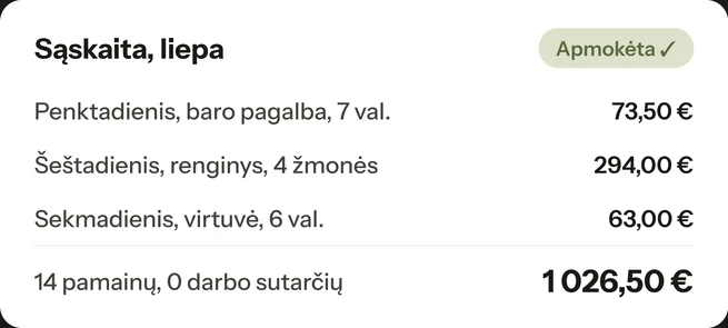 Mėnesio sąskaita su pamainų sąrašu ir bendra suma